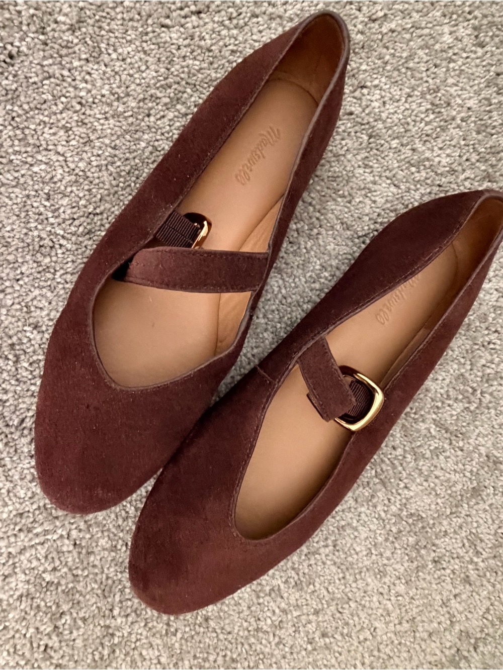 Madewell Dark Brown Suede Mary Jane Flats with Gold Buckle